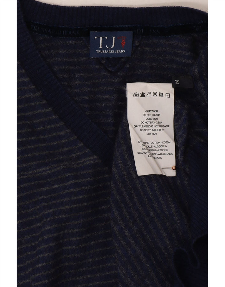 TRUSSARDI JEANS Jersey con cuello en V de algodón a rayas azul medio para hombre