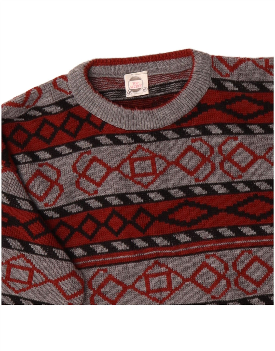 VINTAGE Hombres Crew Neck Jumper Suéter Medio Gris Geométrico Acrílico