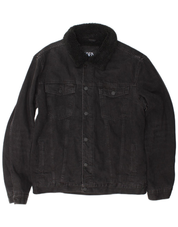 Zara Mens Denim Sherpa Chaqueta UK 40 Grande Poliéster Negro