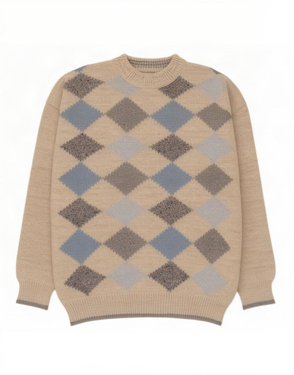 Vintage hombres cuello redondo jersey suéter XL beige Argyle/diamante lana de alpaca