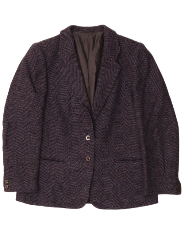 Vintage mujer 2 botones Blazer chaqueta Reino Unido 14 medio azul marino Chevron lana