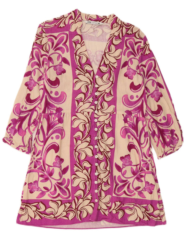 Zara Vestido camisero de manga 3/4 para mujer UK 42 Lino floral rosa mediano