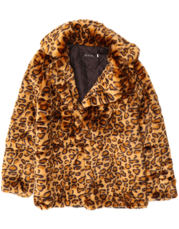 VINTAGE Chaqueta de piel sintética para mujer Reino Unido 10 Poliéster con estampado animal marrón pequeño