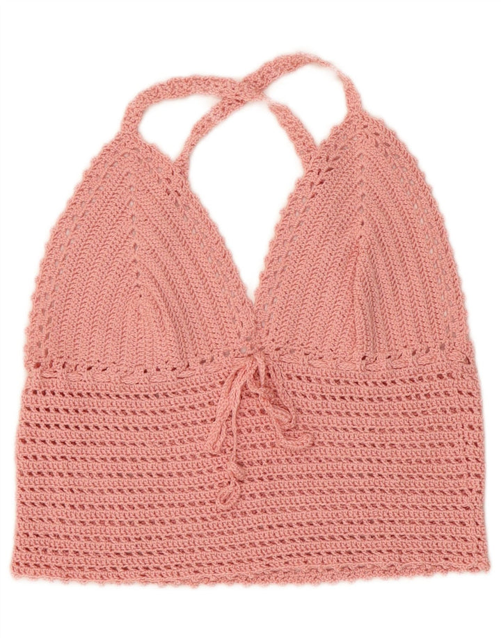Vintage mujer crop crochet halter top Reino Unido 4 XS rosa