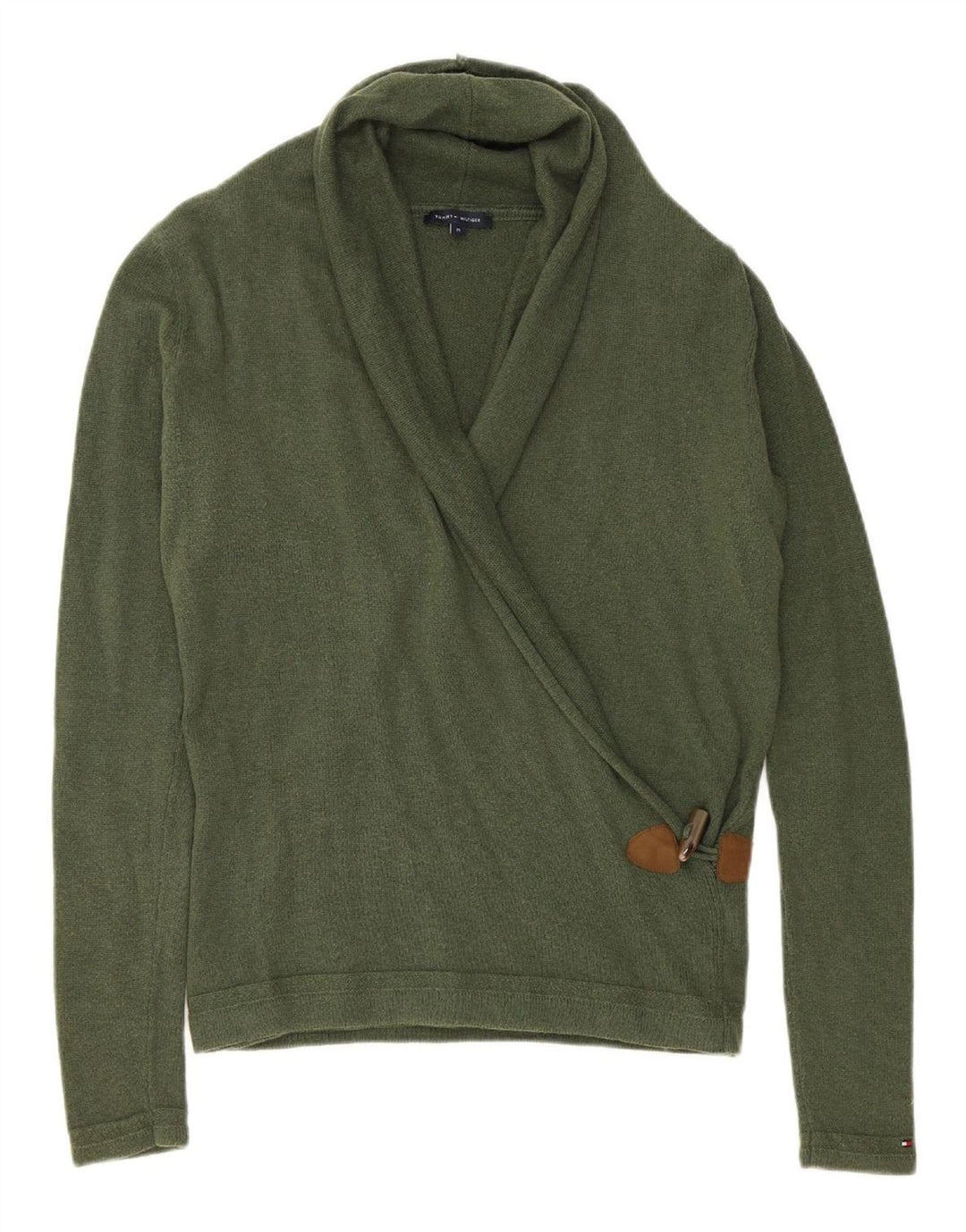 TOMMY HILFIGER Womens Shawl Neck Jumper Sweater UK 14 Medium Green Wool
