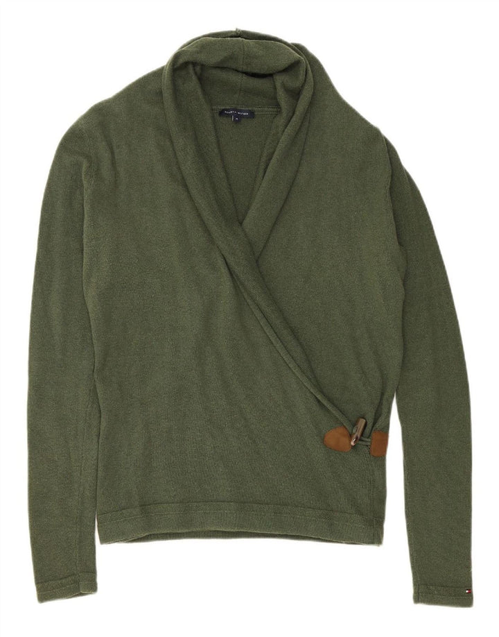 TOMMY HILFIGER Womens Shawl Neck Jumper Sweater UK 14 Medium Green Wool