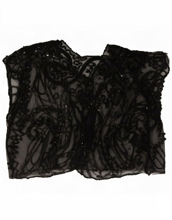 Vintage mujeres crop sin mangas ver a través de top Reino Unido 8 pequeño negro Paisley