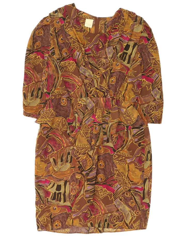 Vintage mujer patrón abstracto 3/4 manga vestido vestido Reino Unido 24 4XL marrón