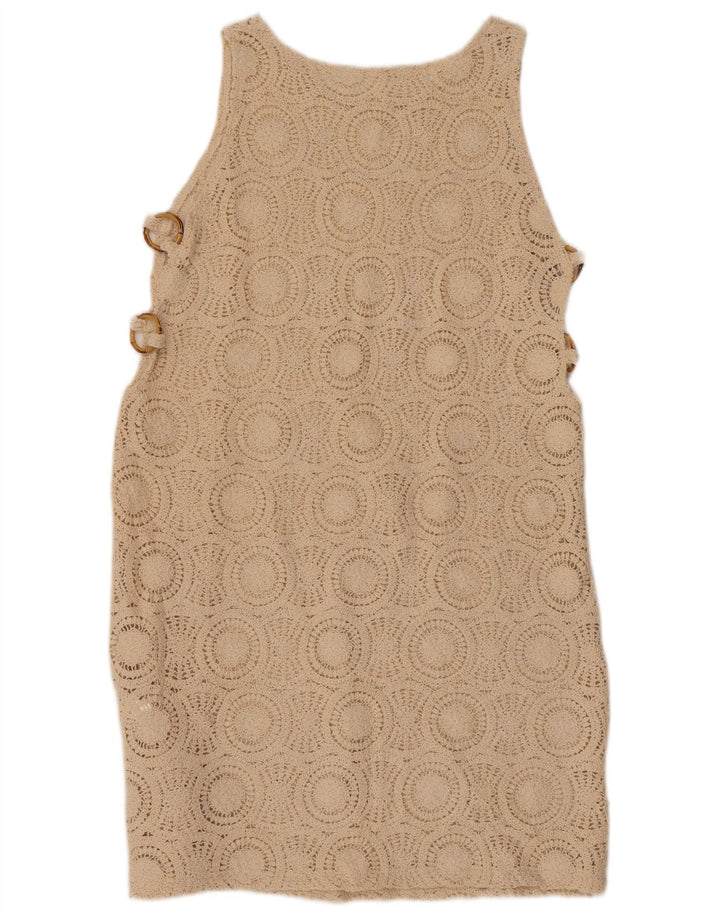 VINTAGE Mujer Crochet Sin Mangas Vestido Reino Unido 10 Pequeño Algodón Beige