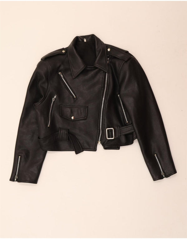 VINTAGE Chaqueta motera de cuero de gran tamaño para mujer Reino Unido 10 Pequeño Negro