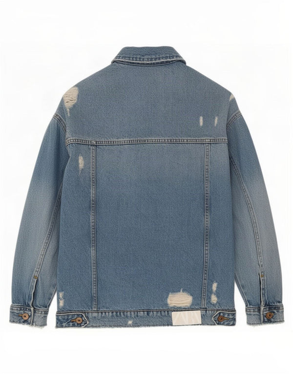 Zara Womens Distressed Oversized Denim Jacket UK 10 Small Blue Cotton