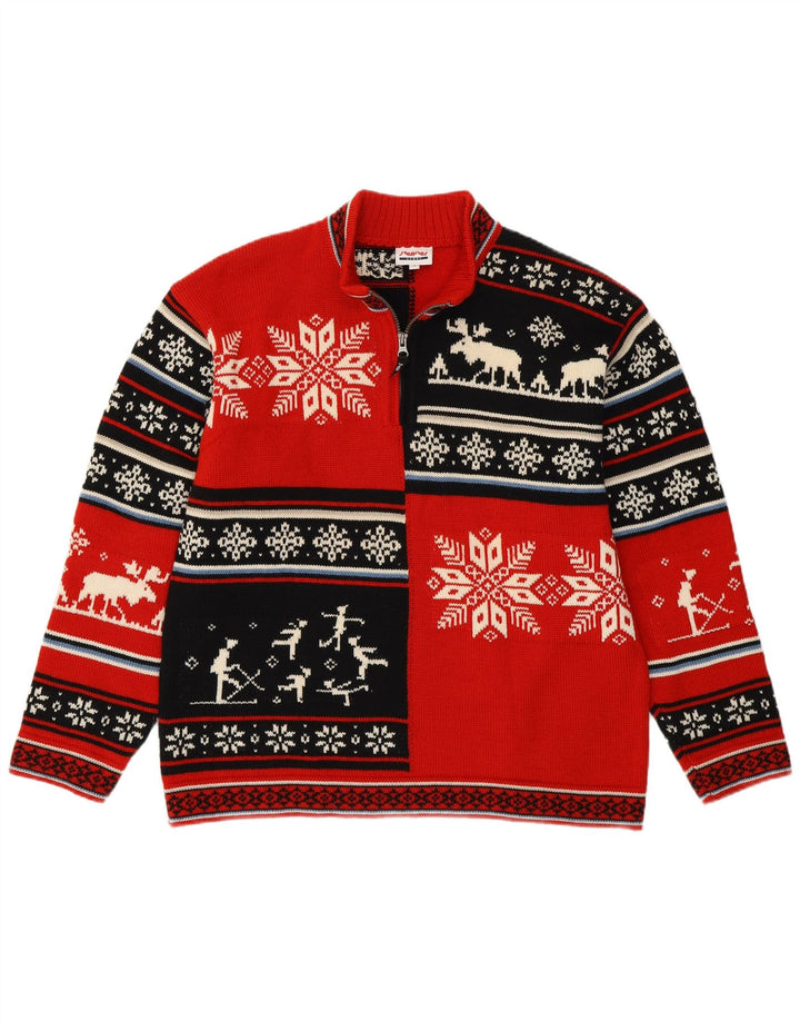 Steffner Jersey para hombre con cuello y cremallera, talla grande, color rojo, Fair Isle, lana nueva