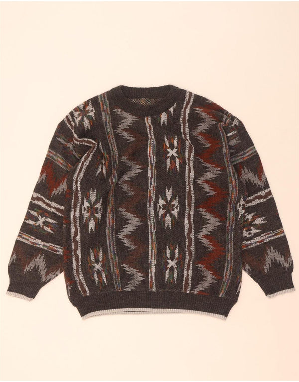 Vintage hombres cuello redondo jersey suéter medio gris geométrico