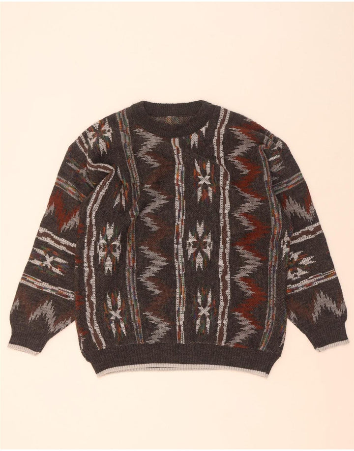 Vintage hombres cuello redondo jersey suéter medio gris geométrico