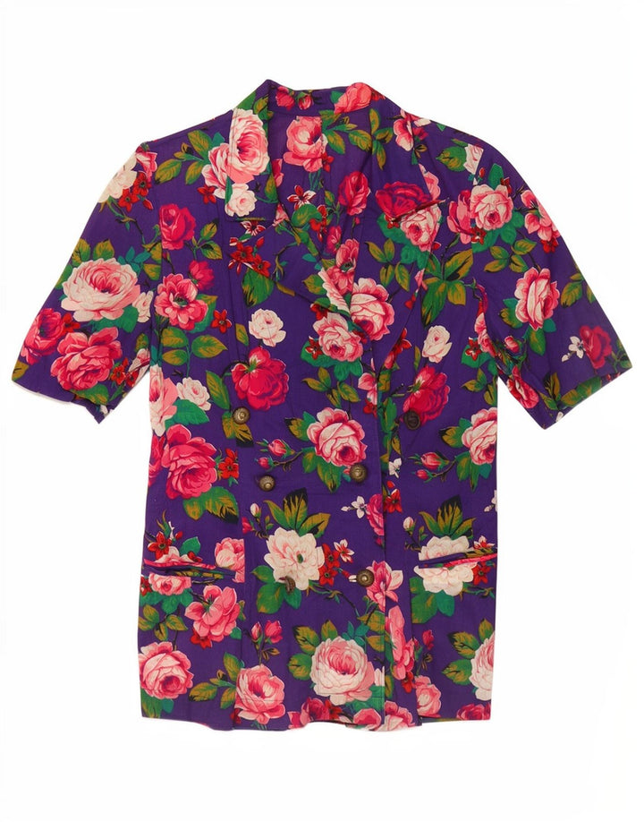 Vintage mujer doble pecho Blazer chaqueta Reino Unido 14 medio púrpura floral