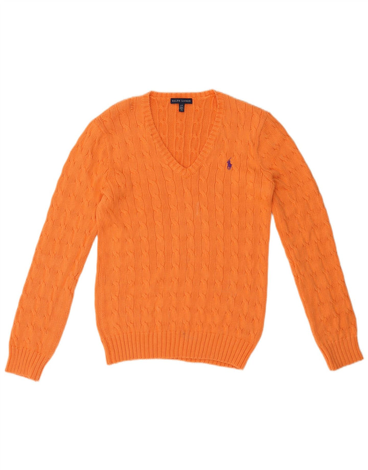 RALPH LAUREN Jersey con cuello en V para mujer UK 14 Grande Algodón naranja