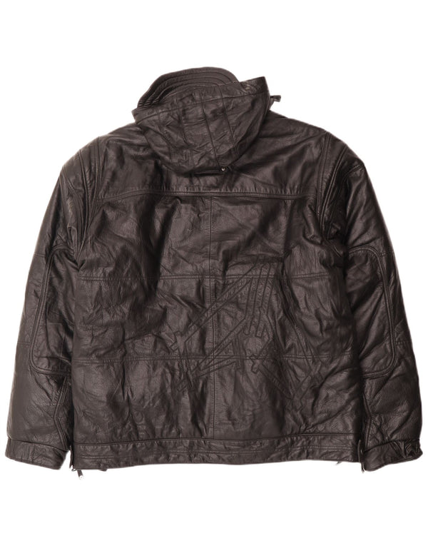 Vintage Mens Hooded Leather Windbreaker Jacket UK 40 Large Black Leather