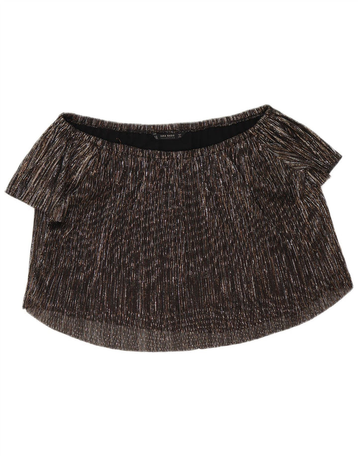 Zara Top corto extragrande con hombros descubiertos para mujer UK 4 XS Poliéster moteado negro