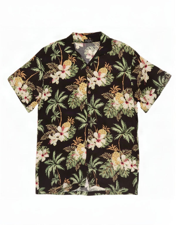 Vintage hombres camisa de manga corta medio negro floral viscosa hawaiana