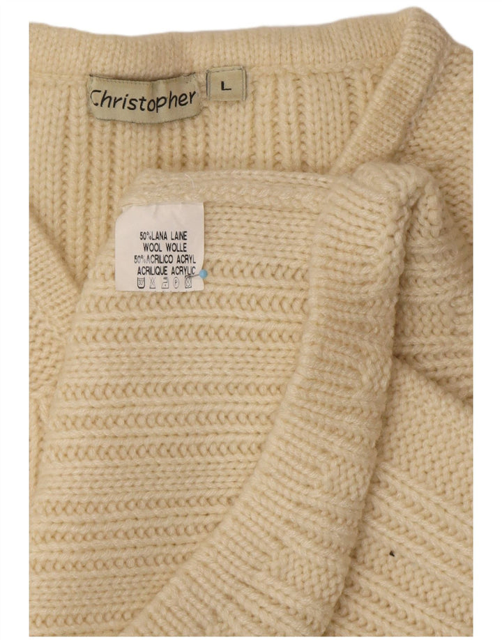 VINTAGE Hombres V-Cuello Jumper Suéter Grande De Lana Blanca