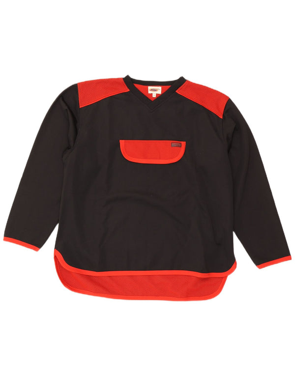 VINTAGE Hombre Jersey Chándal Top Grande Negro Colorblock Poliéster