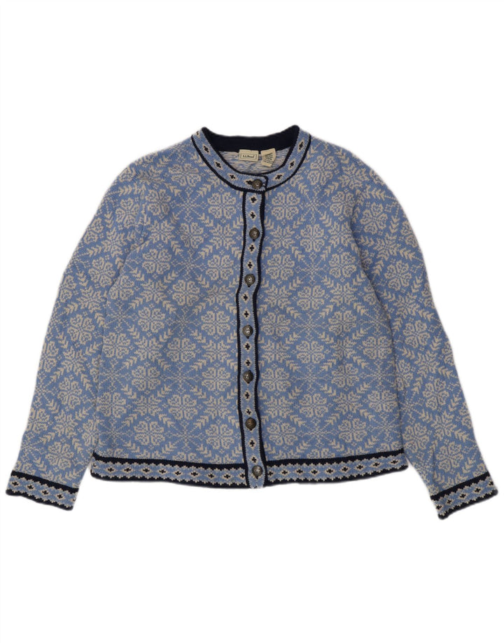 L.L.BEAN Suéter tipo cárdigan para mujer Reino Unido 16 Lana merino azul Fair Isle grande