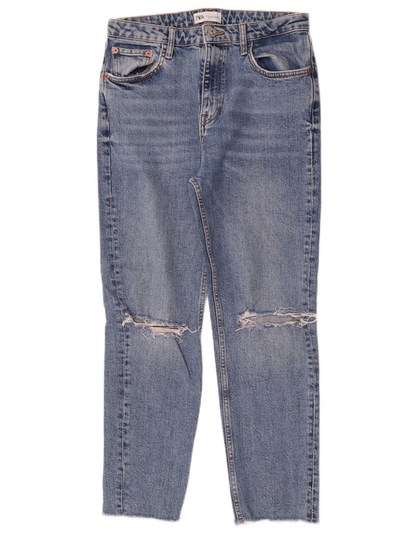 Zara Jeans Cónicos Desgastados De Cintura Alta Para Mujer EU 40 Medium W30 L26 Azul