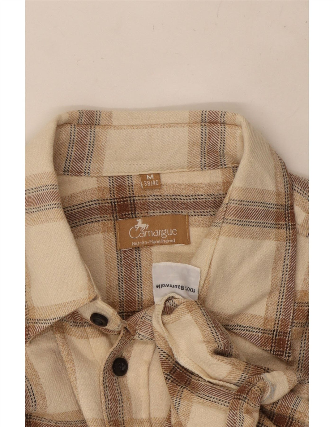 CAMARGUE Camisa Franela Hombre Talla 39/40 Mediana Beige Cuadros Algodón