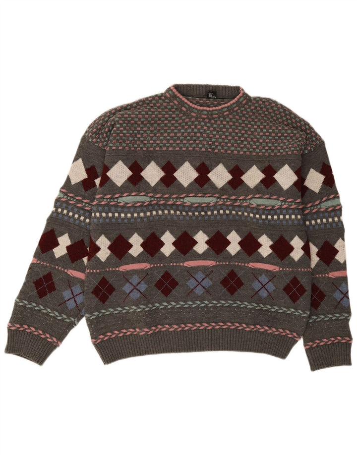 C&A Mens Crew Neck Jumper Sweater Large Grey Argyle/Diamond Acrylic