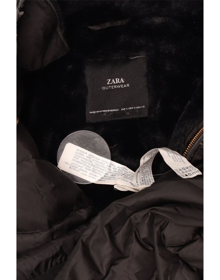 Zara Mujer Chaqueta Acolchada Sherpa Con Capucha UK 40 Small Poliéster Negro