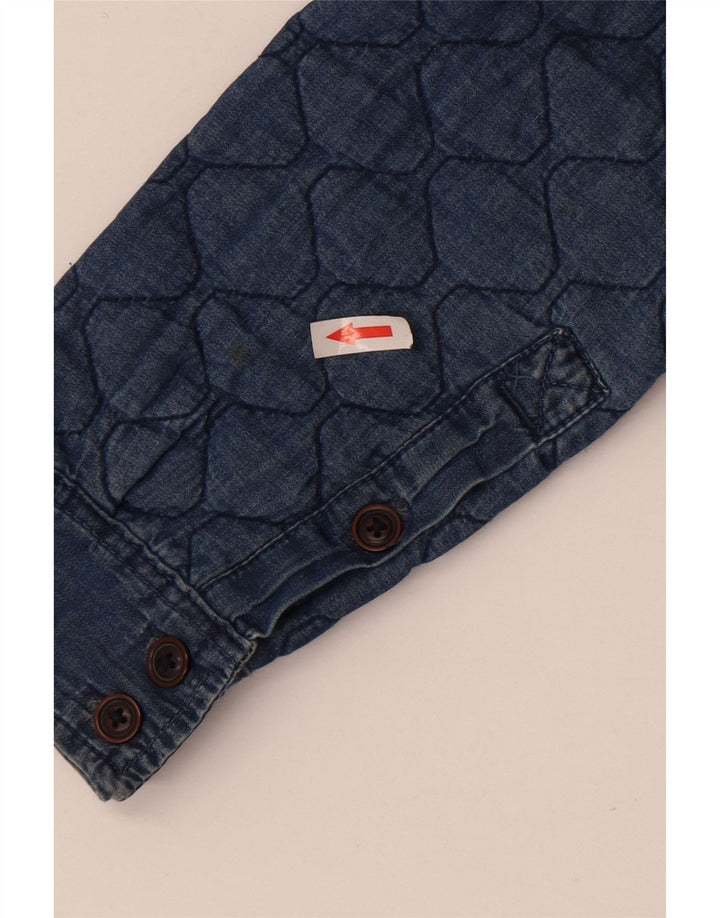 Vintage hombres acolchado denim camisa medio algodón azul