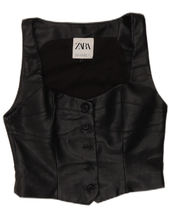 Zara Mujer Chaleco De Cuero UK 42 Mediano Negro