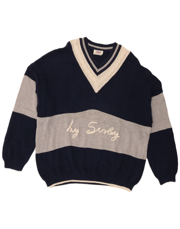 Sisley Hombre Jersey Gráfico Con Cuello En V Jersey XL Azul Marino Colorblock Algodón