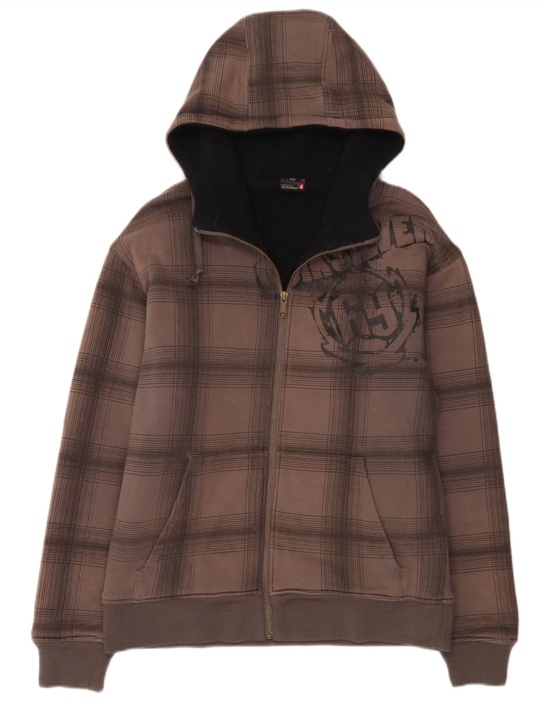 Quiksilver Sudadera con capucha y cremallera gráfica para hombre de algodón a cuadros gris medio