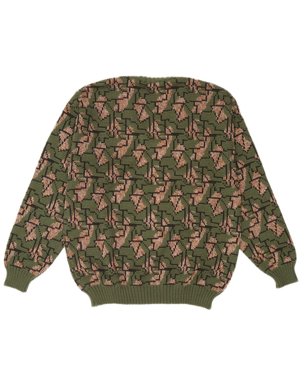 Vintage hombres V-cuello jumper suéter IT 52 grande verde geométrico