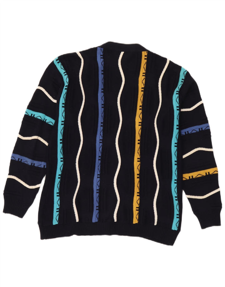 Vintage hombres Cardigan suéter medio azul marino rayas algodón