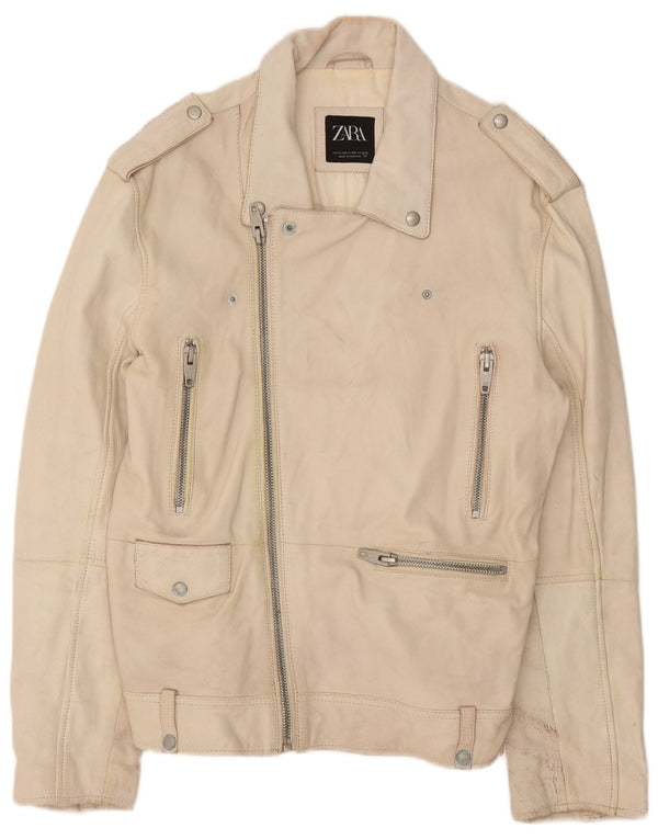 Zara Chaqueta De Cuero Militar Para Hombre UK 42 XL Cuero Blanco Roto