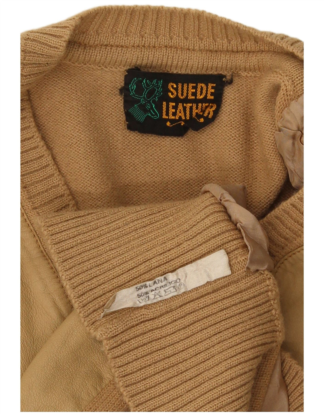 Vintage hombres V-cuello jumper suéter pequeño beige lana