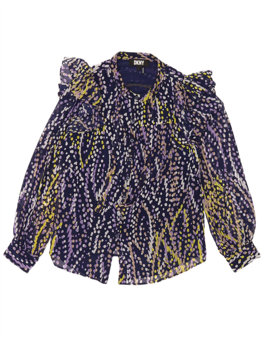 Dkny Blusa camisera con volantes en la parte delantera para mujer UK 46 Grande Azul marino manchado