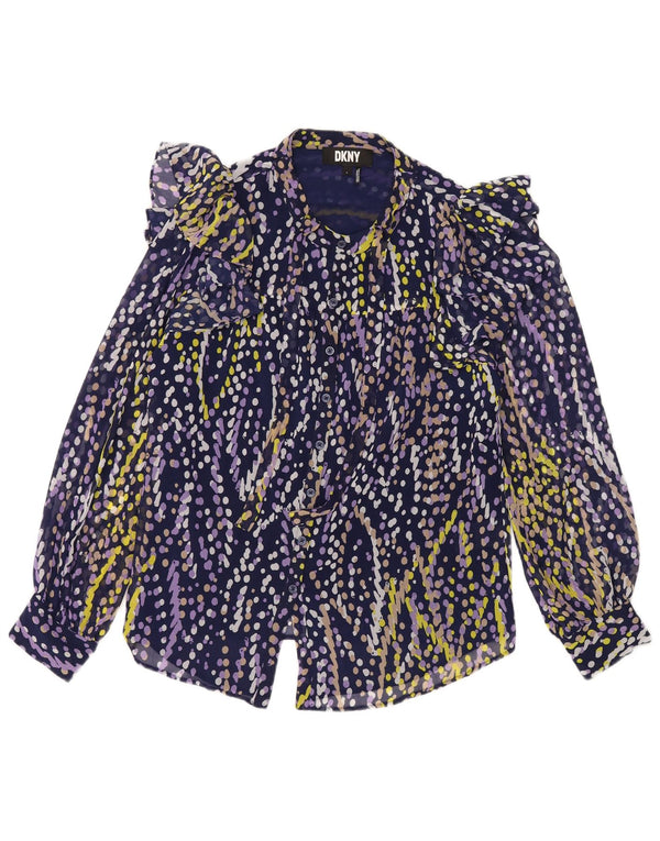 Dkny Blusa camisera con volantes en la parte delantera para mujer UK 46 Grande Azul marino manchado