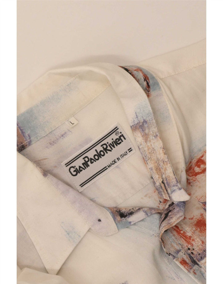 Vintage hombres camisa de manga corta gran patchwork blanco