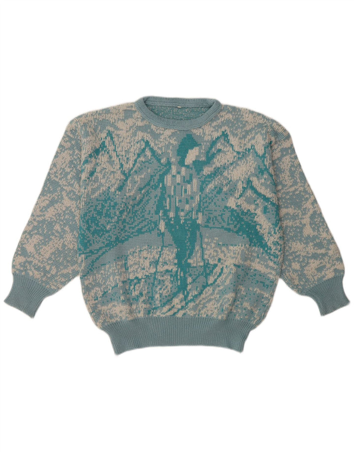 Vintage mujeres patrón abstracto cuello redondo jersey suéter Reino Unido 16 azul grande