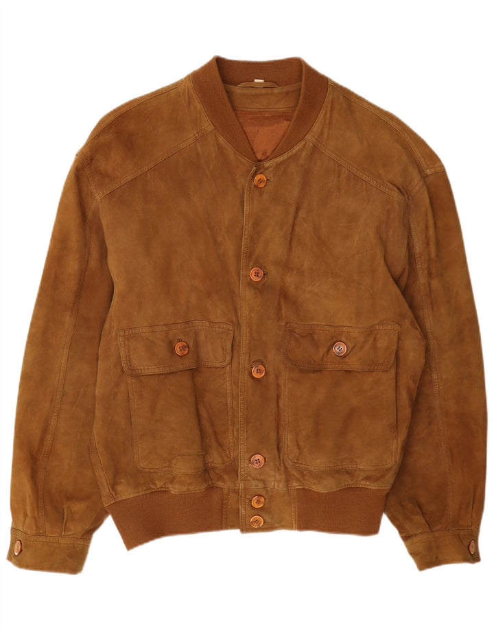 Vintage hombres ante bomber chaqueta IT 46 pequeño cuero beige