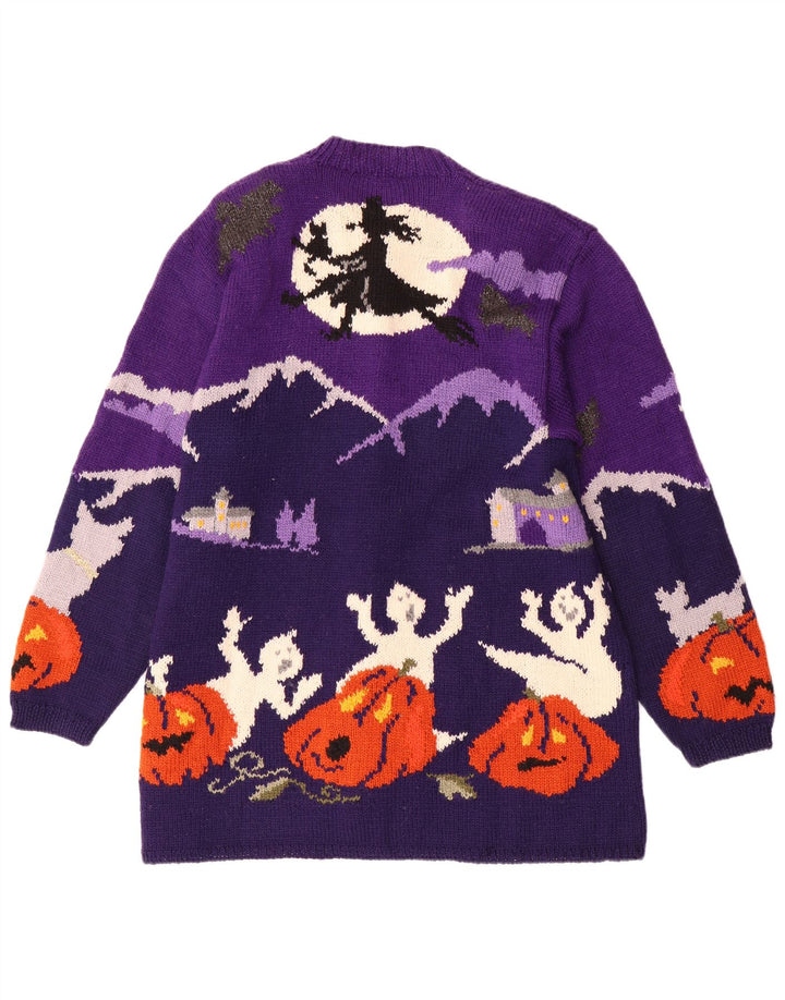 VINTAGE suéter de cárdigan gráfico para mujer Reino Unido 20 2XL lana de color púrpura