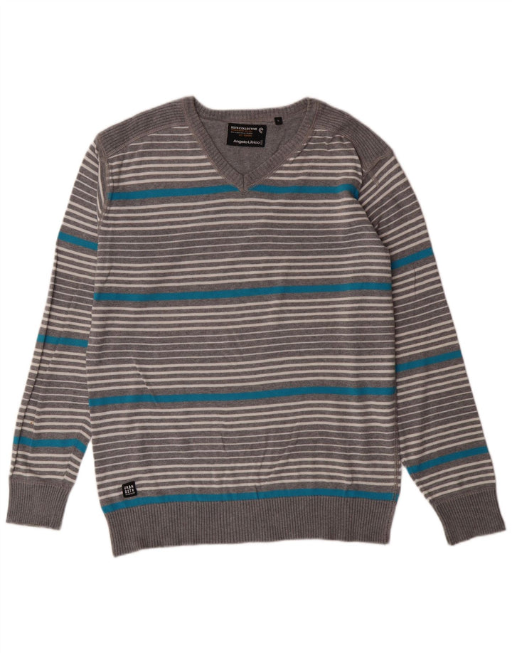 ANGELO LITRICO Suéter con cuello en V para hombre, grande, gris, a rayas