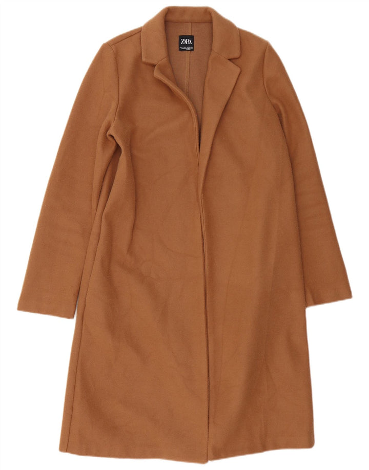 Zara Mujer Abrigo Abierto Extragrande UK 10 Small Marrón Poliéster