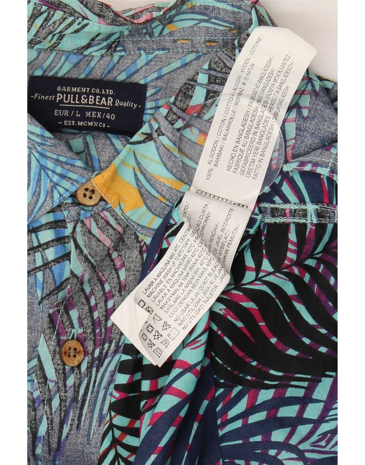 Pull & Bear Camisa de manga corta para hombre, talla grande, azul, floral, algodón, hawaiana