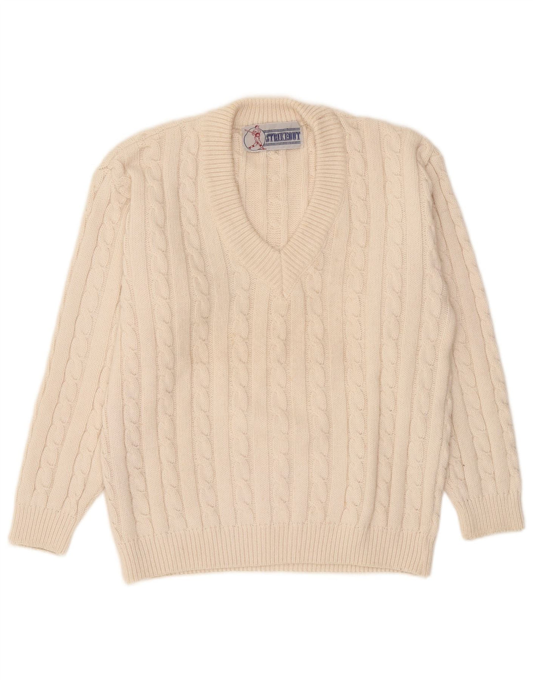 Vintage hombres V-cuello jumper suéter medio apagado acrílico blanco