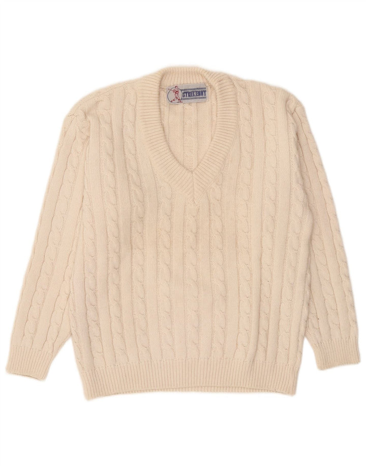Vintage hombres V-cuello jumper suéter medio apagado acrílico blanco