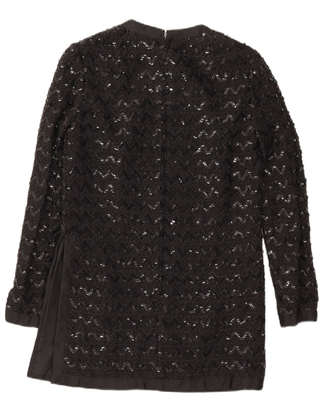 Vintage mujer manga larga lentejuelas túnica Top Reino Unido 10 pequeño negro Chevron